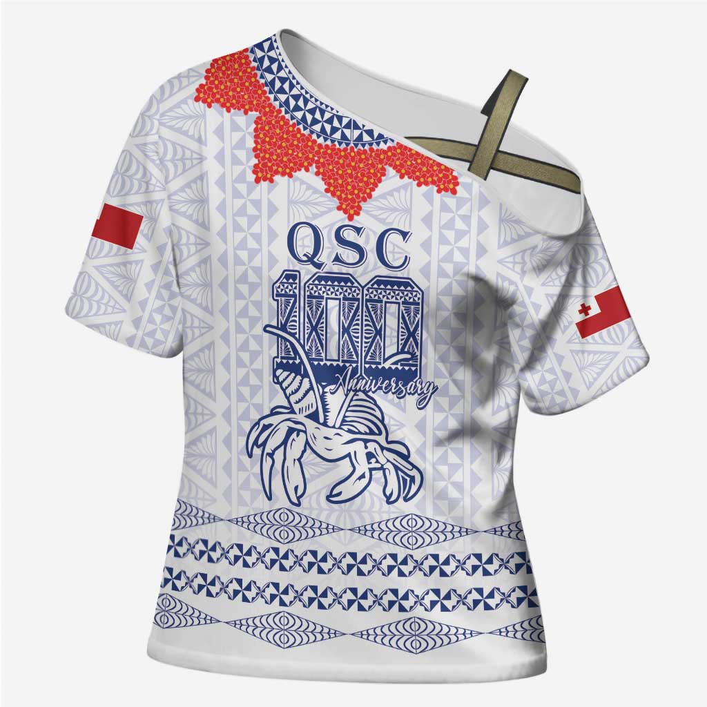 Queen Salote College 100 Years Anniversary Personalized Cross Shoulder Shirt Tonga QSC White - Polynesian Pride