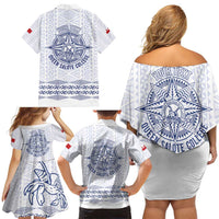 Queen Salote College 100 Years Anniversary Personalized Family Matching Off Shoulder Short Dress and Hawaiian Shirt Tonga QSC White - Polynesian Pride