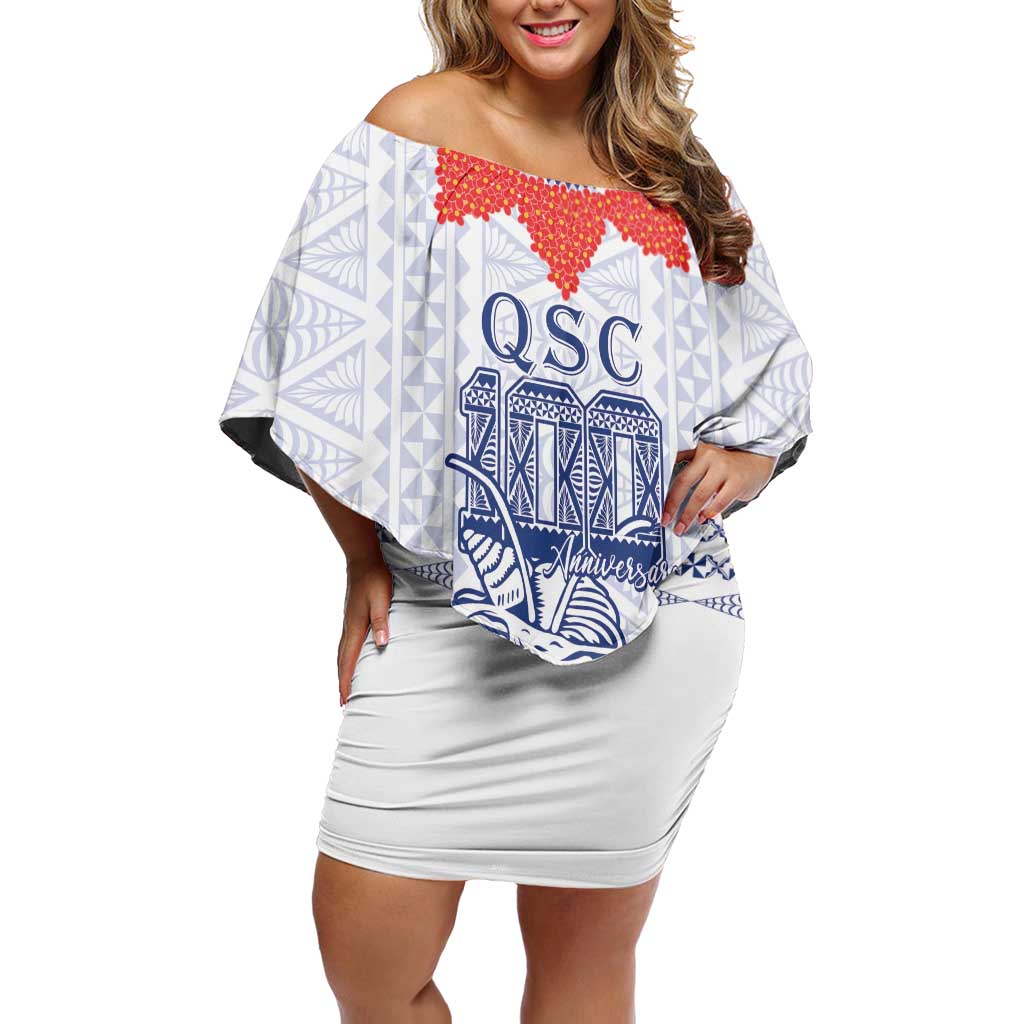 Queen Salote College 100 Years Anniversary Personalized Family Matching Off Shoulder Short Dress and Hawaiian Shirt Tonga QSC White - Polynesian Pride