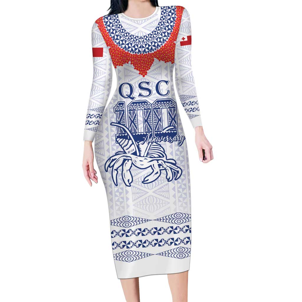 Queen Salote College 100 Years Anniversary Personalized Long Sleeve Bodycon Dress Tonga QSC White - Polynesian Pride