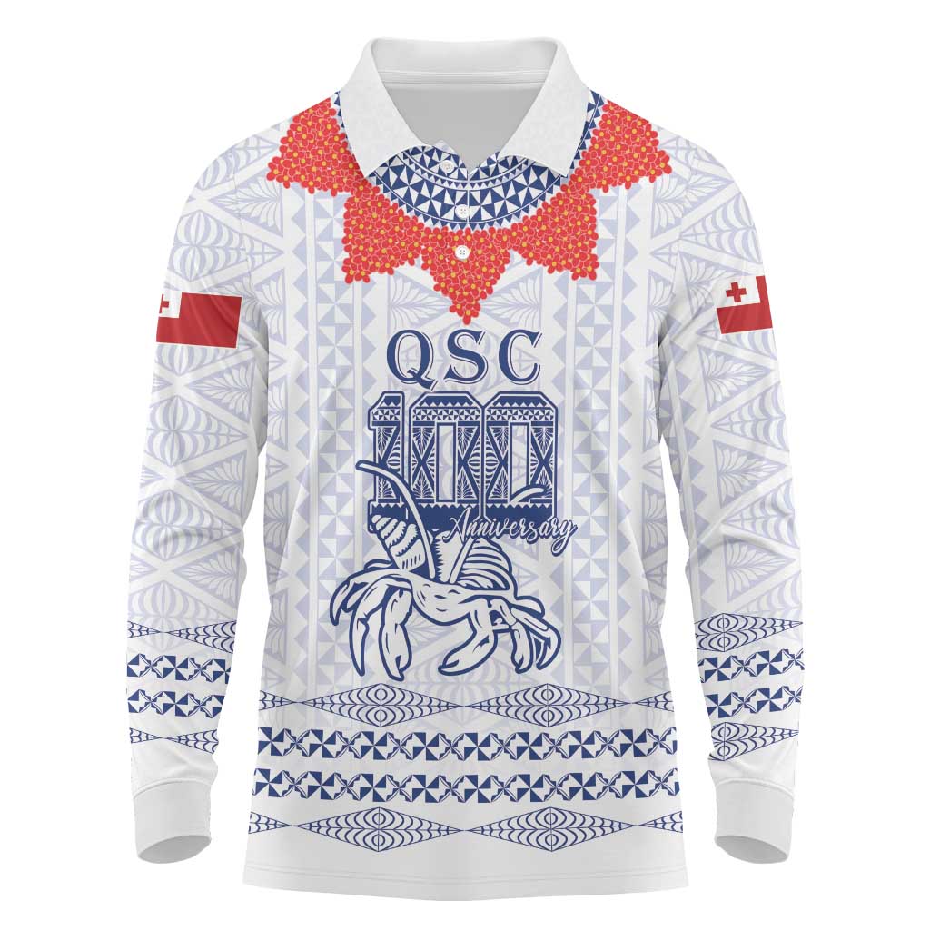Queen Salote College 100 Years Anniversary Personalized Long Sleeve Polo Shirt Tonga QSC White - Polynesian Pride
