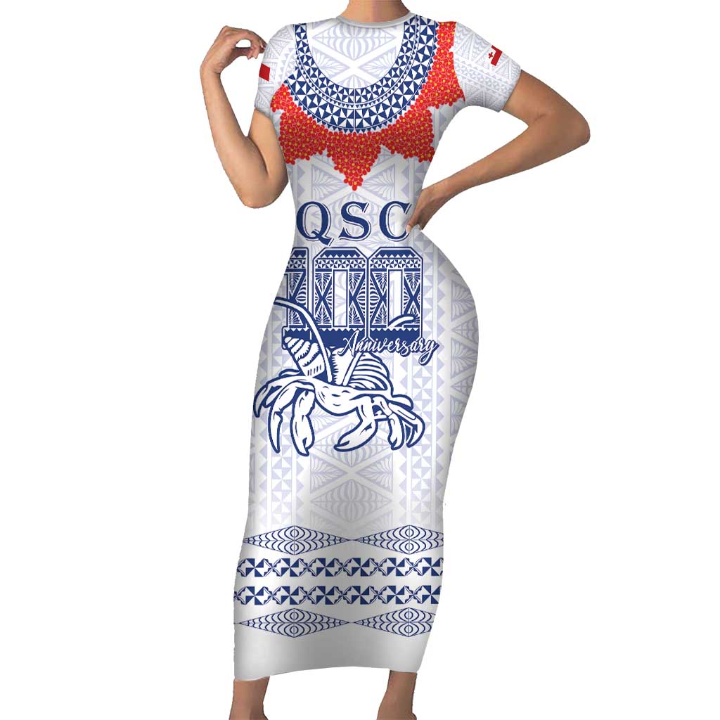 Queen Salote College 100 Years Anniversary Personalized Short Sleeve Bodycon Dress Tonga QSC White - Polynesian Pride