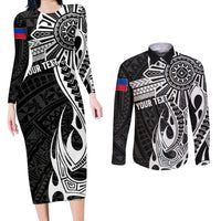 Personalised Philippines Couples Matching Long Sleeve Bodycon Dress and Long Sleeve Button Shirt Tribal Sun LT7 Black - Polynesian Pride