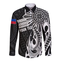 Personalised Philippines Long Sleeve Button Shirt Tribal Sun LT7 Unisex Black - Polynesian Pride
