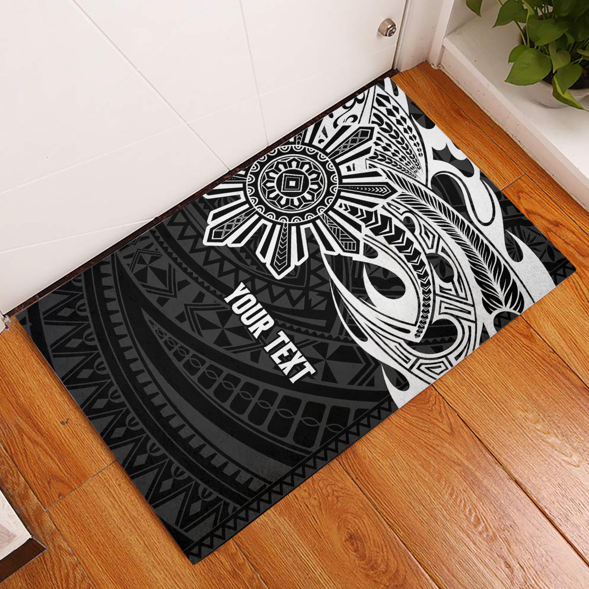 Personalised Philippines Rubber Doormat Tribal Sun LT7 Black - Polynesian Pride