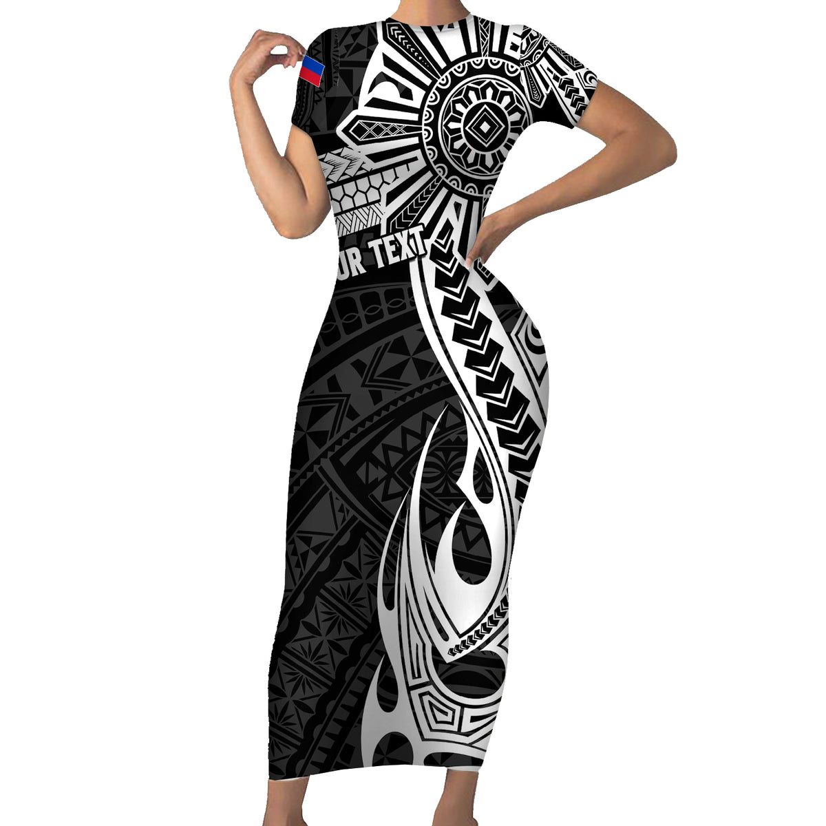 Personalised Philippines Short Sleeve Bodycon Dress Tribal Sun LT7 Long Dress Black - Polynesian Pride
