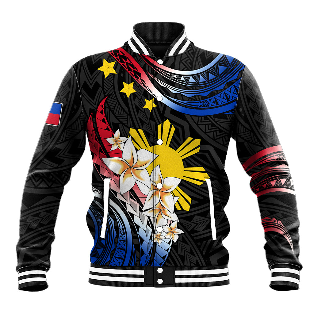 Personalised Philippines Tribal Baseball Jacket Mix Plumeria - Flag Colors LT7 Unisex Black - Polynesian Pride