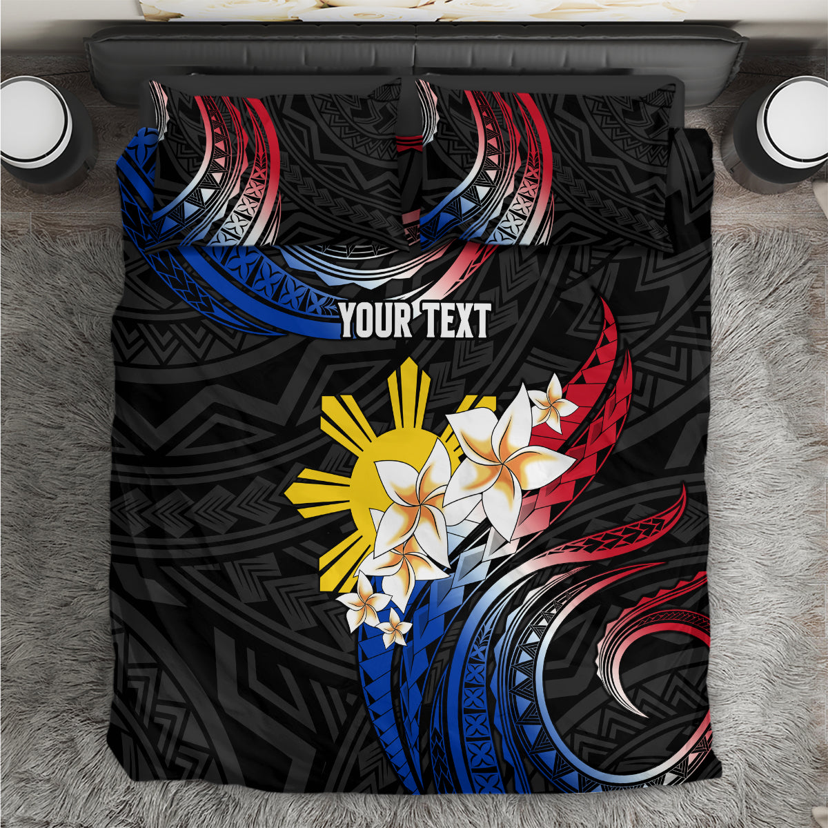 Personalised Philippines Tribal Bedding Set Mix Plumeria - Flag Colors LT7 Black - Polynesian Pride