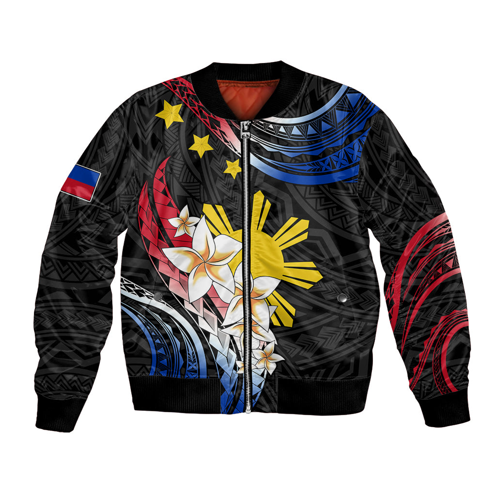 Personalised Philippines Tribal Bomber Jacket Mix Plumeria - Flag Colors LT7 Unisex Black - Polynesian Pride