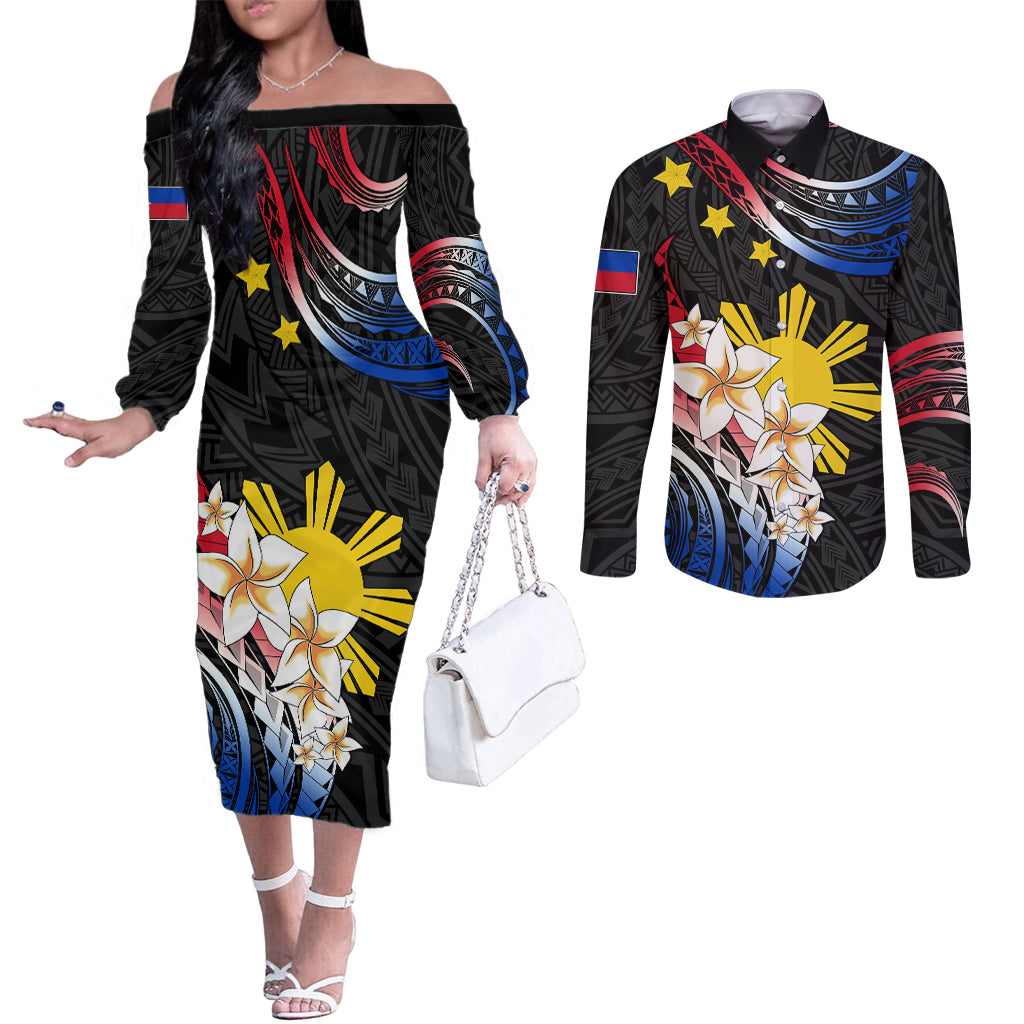 Personalised Philippines Tribal Couples Matching Off The Shoulder Long Sleeve Dress and Long Sleeve Button Shirt Mix Plumeria - Flag Colors LT7 Black - Polynesian Pride