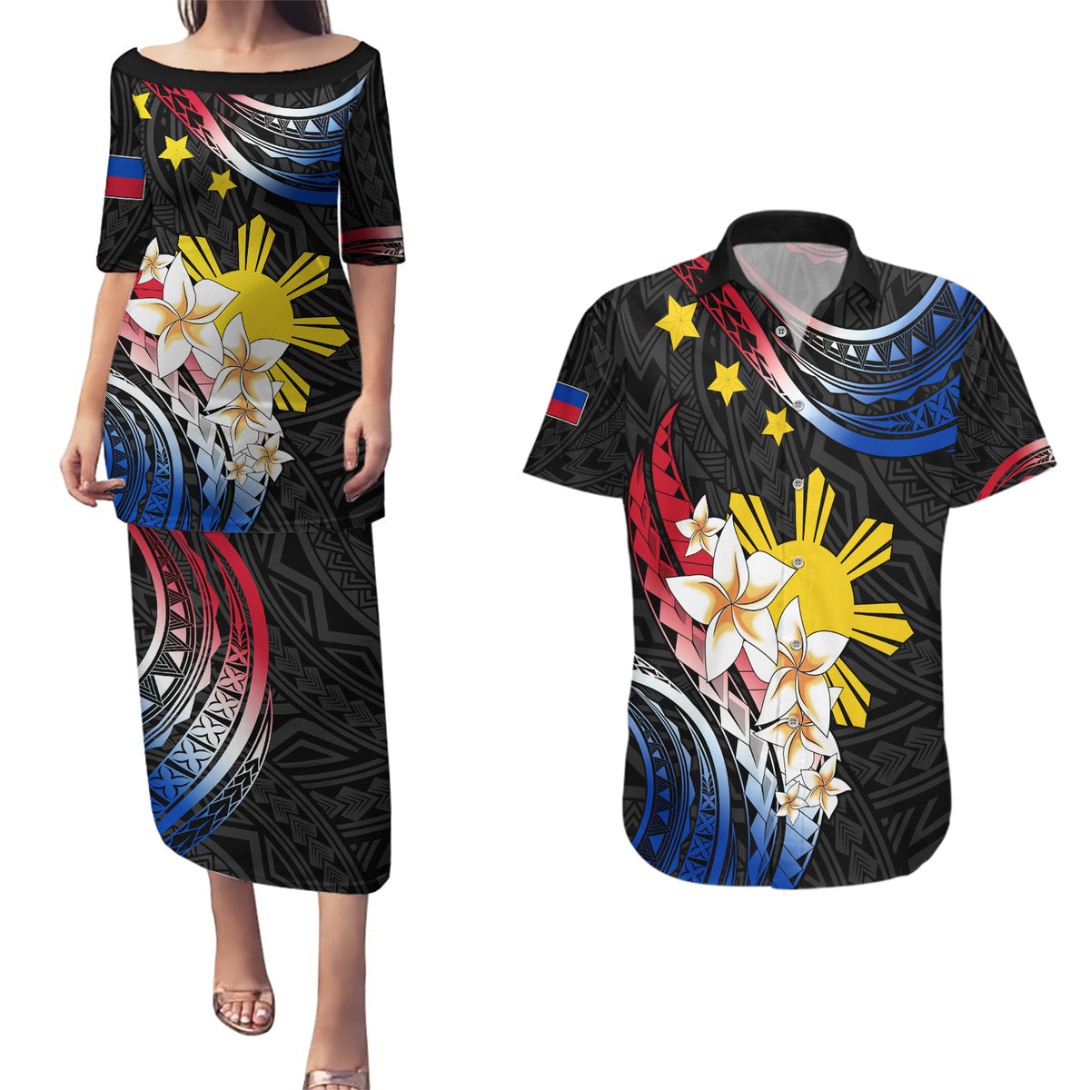 Personalised Philippines Tribal Couples Matching Puletasi Dress and Hawaiian Shirt Mix Plumeria - Flag Colors LT7 Black - Polynesian Pride