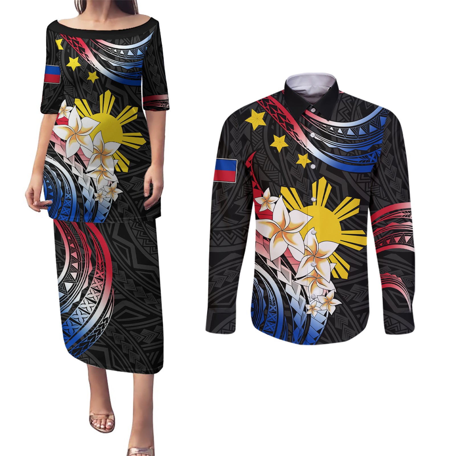 Personalised Philippines Tribal Couples Matching Puletasi Dress and Long Sleeve Button Shirt Mix Plumeria - Flag Colors LT7 Black - Polynesian Pride
