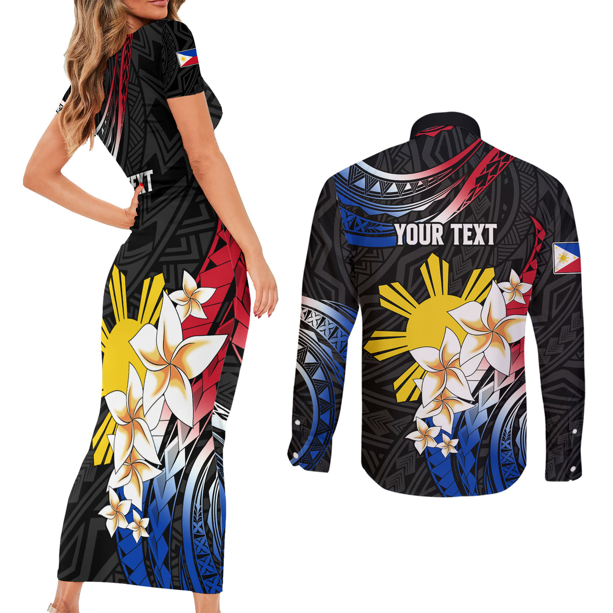 Personalised Philippines Tribal Couples Matching Short Sleeve Bodycon Dress and Long Sleeve Button Shirt Mix Plumeria - Flag Colors LT7 - Polynesian Pride