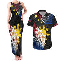 Personalised Philippines Tribal Couples Matching Tank Maxi Dress and Hawaiian Shirt Mix Plumeria - Flag Colors LT7 Black - Polynesian Pride