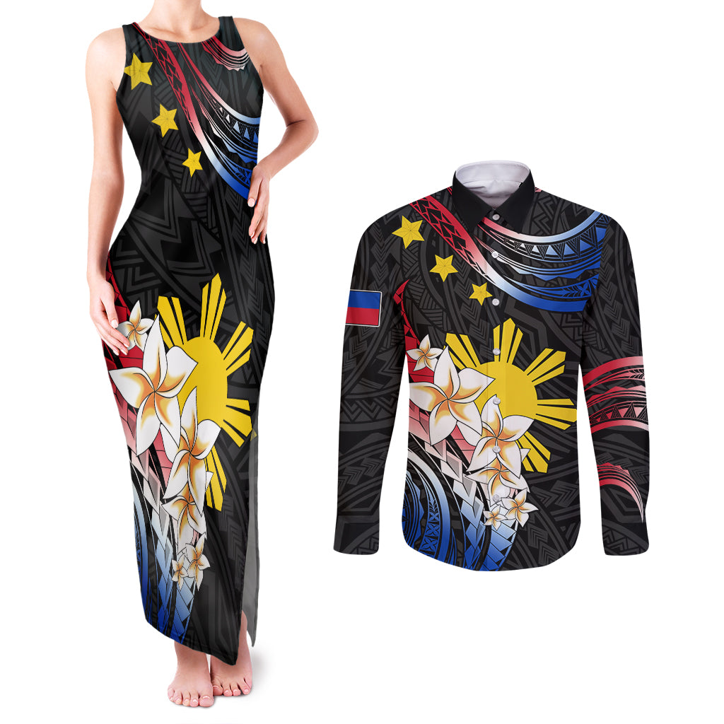 Personalised Philippines Tribal Couples Matching Tank Maxi Dress and Long Sleeve Button Shirt Mix Plumeria - Flag Colors LT7 Black - Polynesian Pride