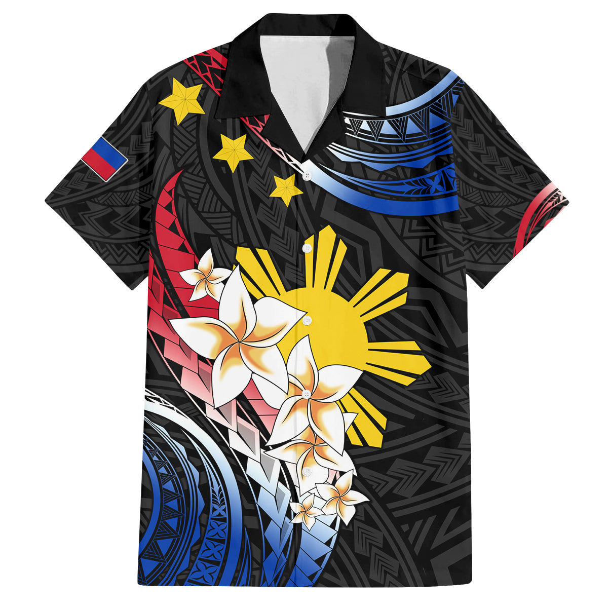 Personalised Philippines Tribal Family Matching Long Sleeve Bodycon Dress and Hawaiian Shirt Mix Plumeria - Flag Colors LT7 Dad's Shirt - Short Sleeve Black - Polynesian Pride