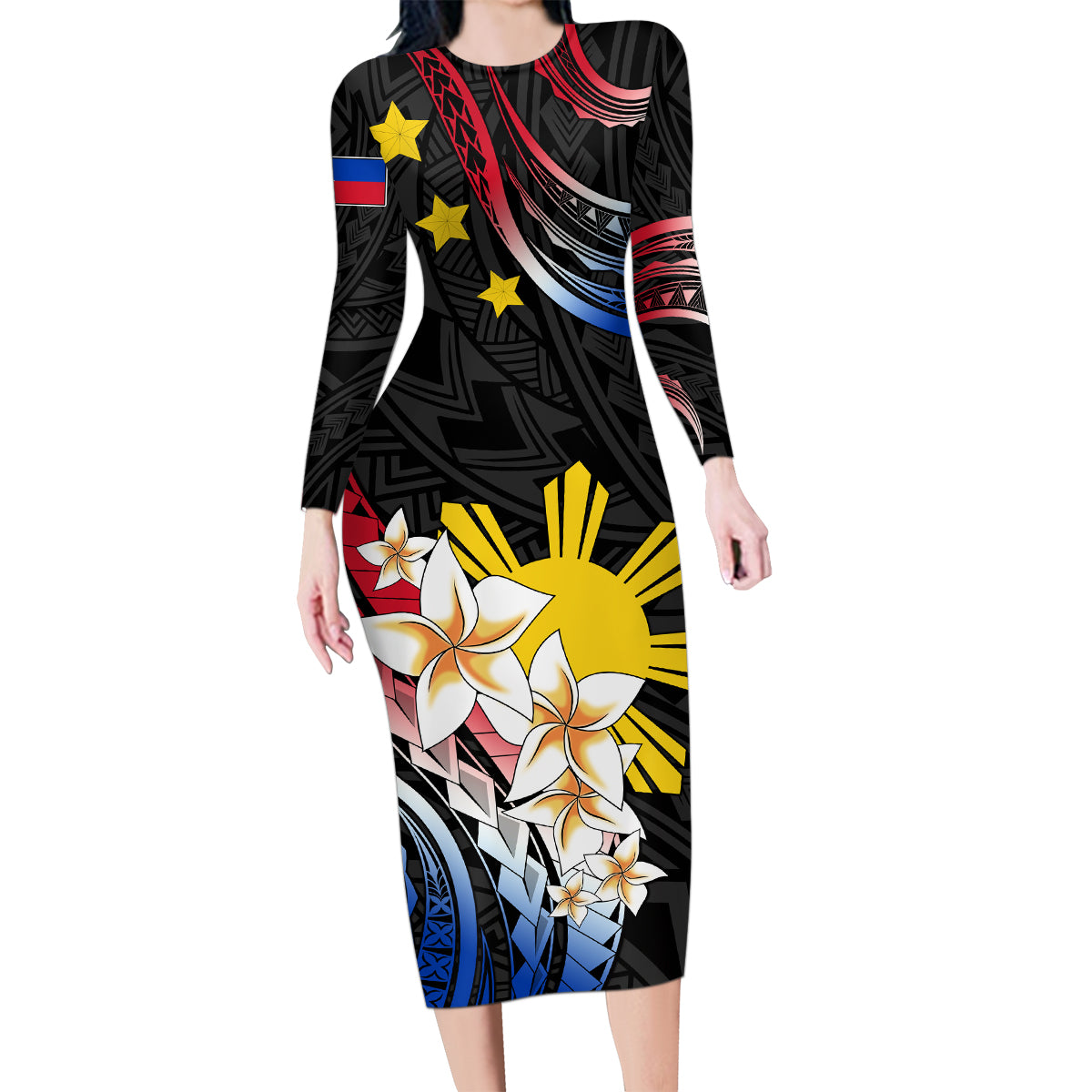 Personalised Philippines Tribal Family Matching Long Sleeve Bodycon Dress and Hawaiian Shirt Mix Plumeria - Flag Colors LT7 Mom's Dress Black - Polynesian Pride
