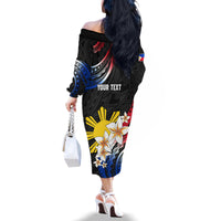 Personalised Philippines Tribal Family Matching Off Shoulder Long Sleeve Dress and Hawaiian Shirt Mix Plumeria - Flag Colors LT7 - Polynesian Pride