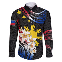 Personalised Philippines Tribal Family Matching Off Shoulder Maxi Dress and Hawaiian Shirt Mix Plumeria - Flag Colors LT7 Dad's Shirt - Long Sleeve Black - Polynesian Pride
