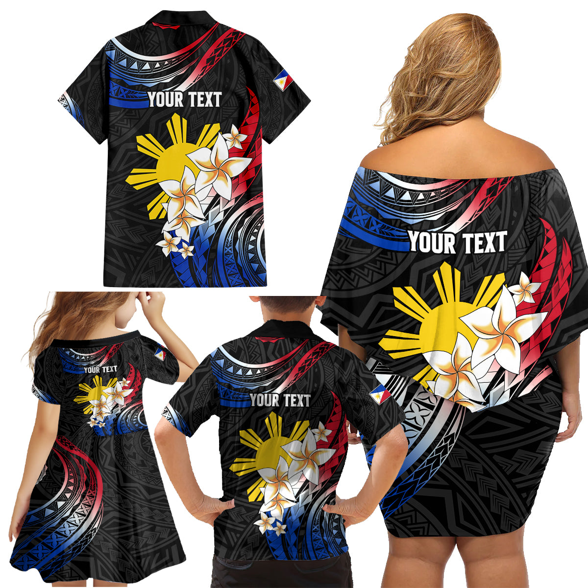 Personalised Philippines Tribal Family Matching Off Shoulder Short Dress and Hawaiian Shirt Mix Plumeria - Flag Colors LT7 - Polynesian Pride
