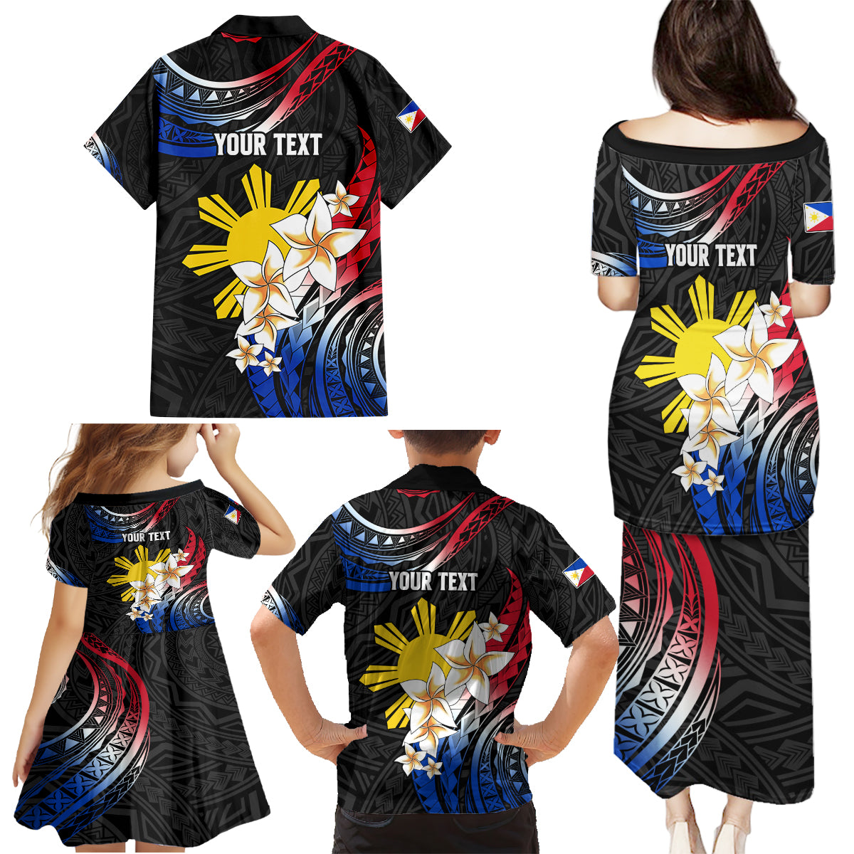 Personalised Philippines Tribal Family Matching Puletasi Dress and Hawaiian Shirt Mix Plumeria - Flag Colors LT7 - Polynesian Pride
