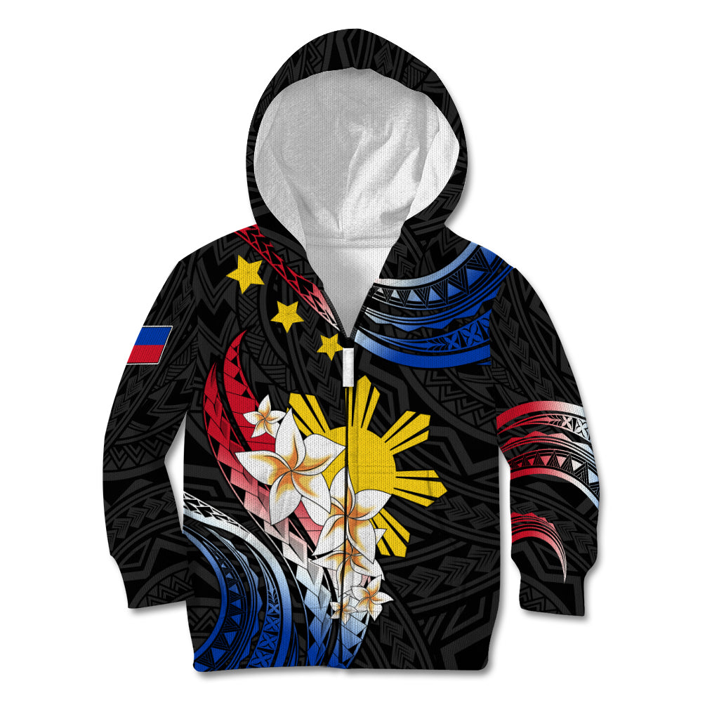 Personalised Philippines Tribal Kid Hoodie Mix Plumeria - Flag Colors LT7 Zip Hoodie Black - Polynesian Pride