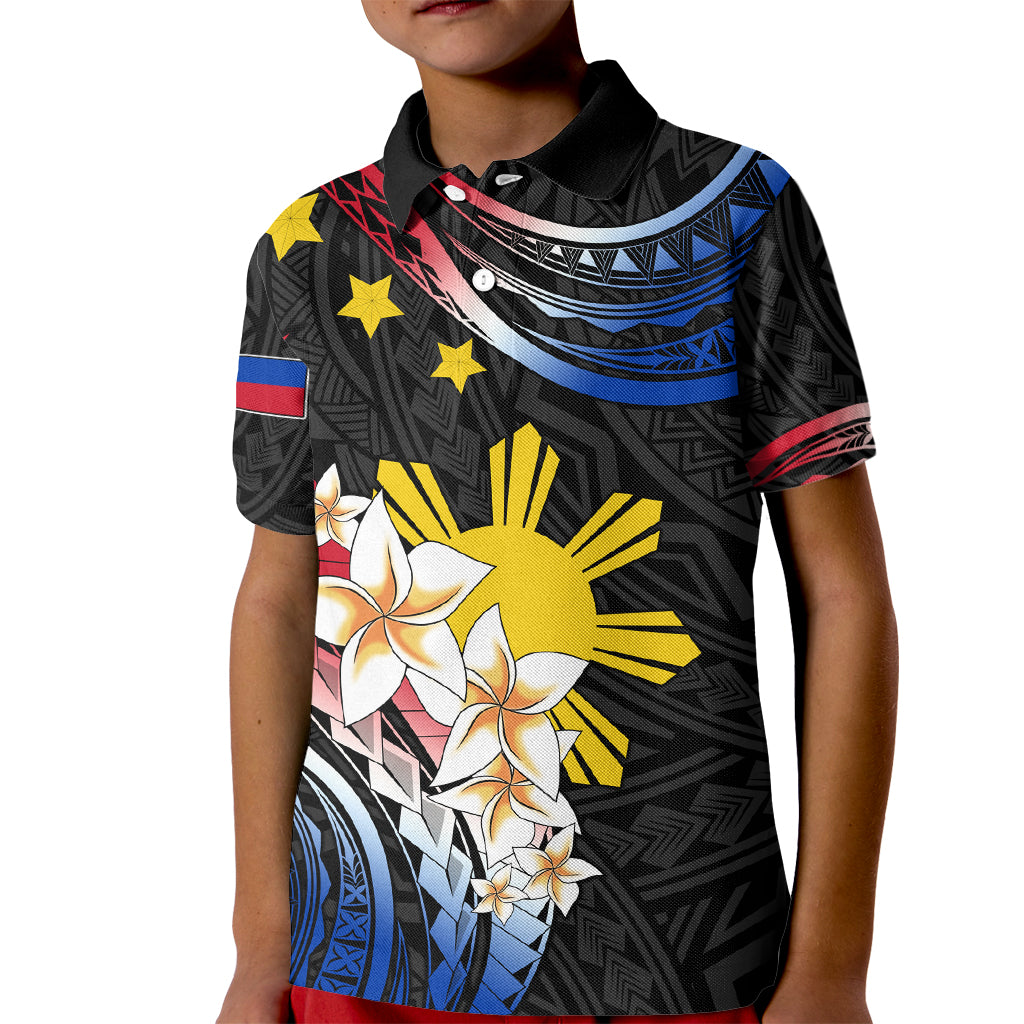 Personalised Philippines Tribal Kid Polo Shirt Mix Plumeria - Flag Colors LT7 Kid Black - Polynesian Pride