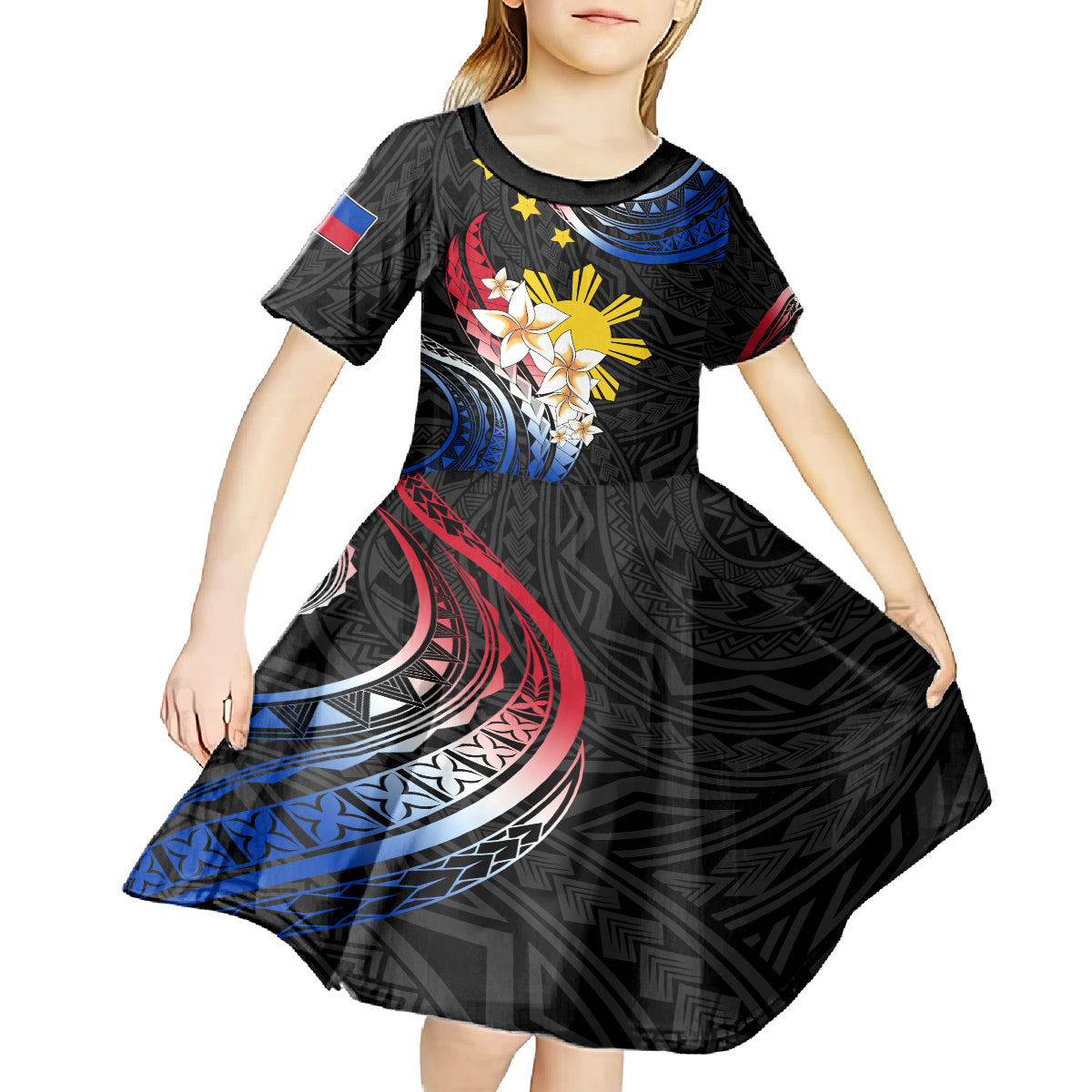 Personalised Philippines Tribal Kid Short Sleeve Dress Mix Plumeria - Flag Colors LT7 - Polynesian Pride