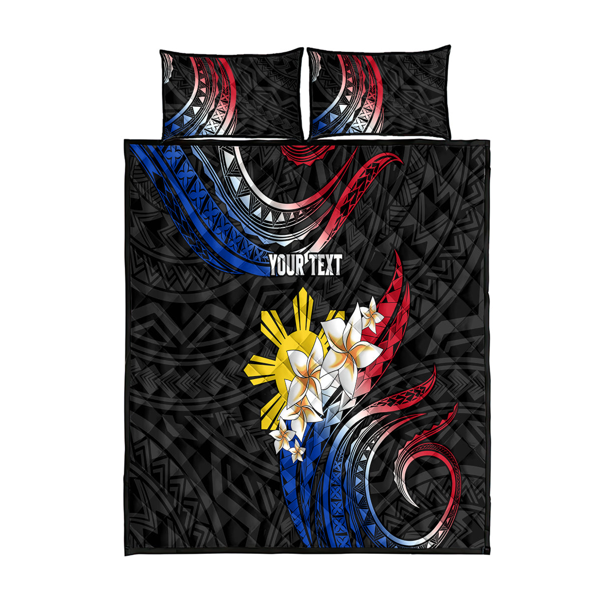 Personalised Philippines Tribal Quilt Bed Set Mix Plumeria - Flag Colors LT7 Black - Polynesian Pride