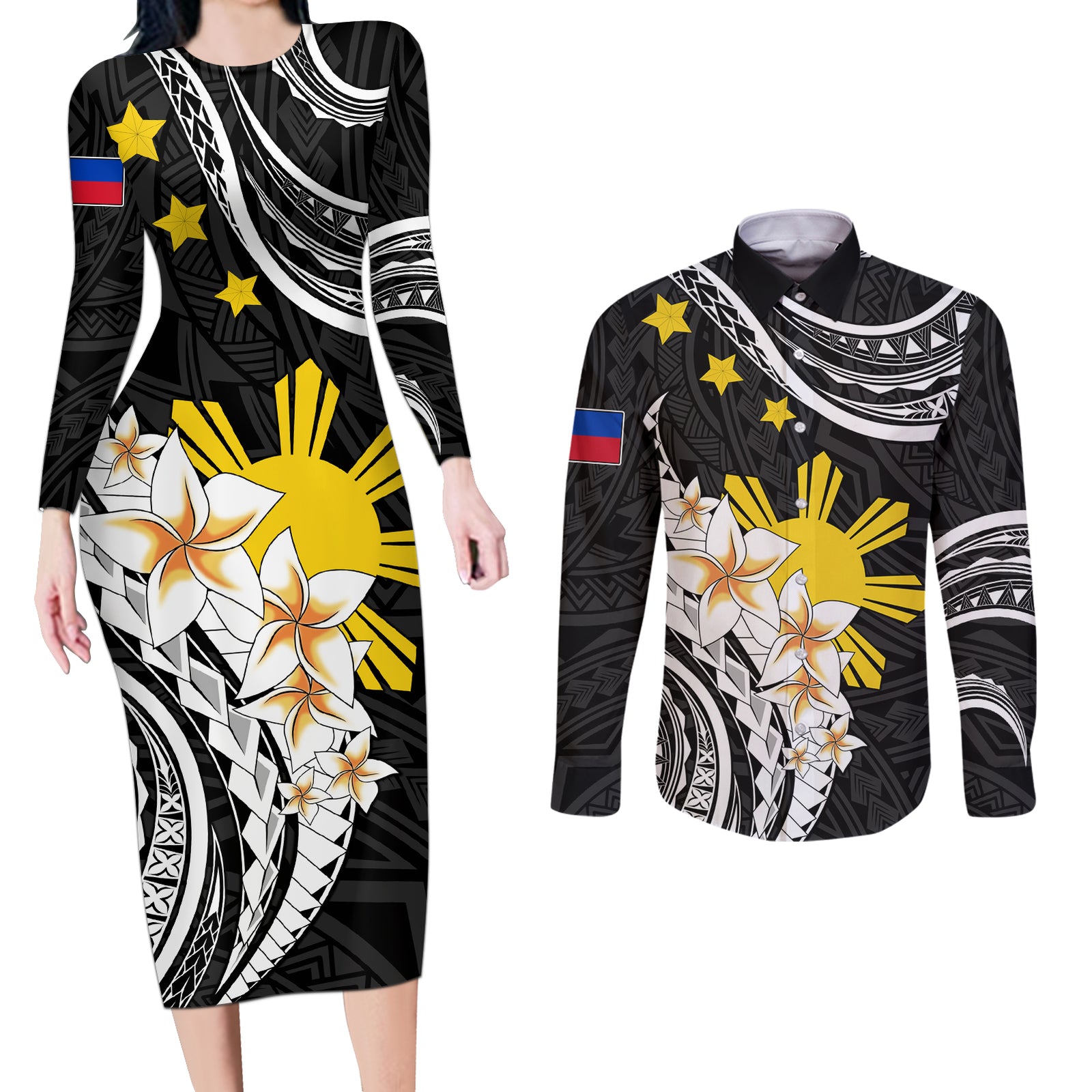 Personalised Philippines Tribal Couples Matching Long Sleeve Bodycon Dress and Long Sleeve Button Shirt Mix Plumeria LT7 Black - Polynesian Pride