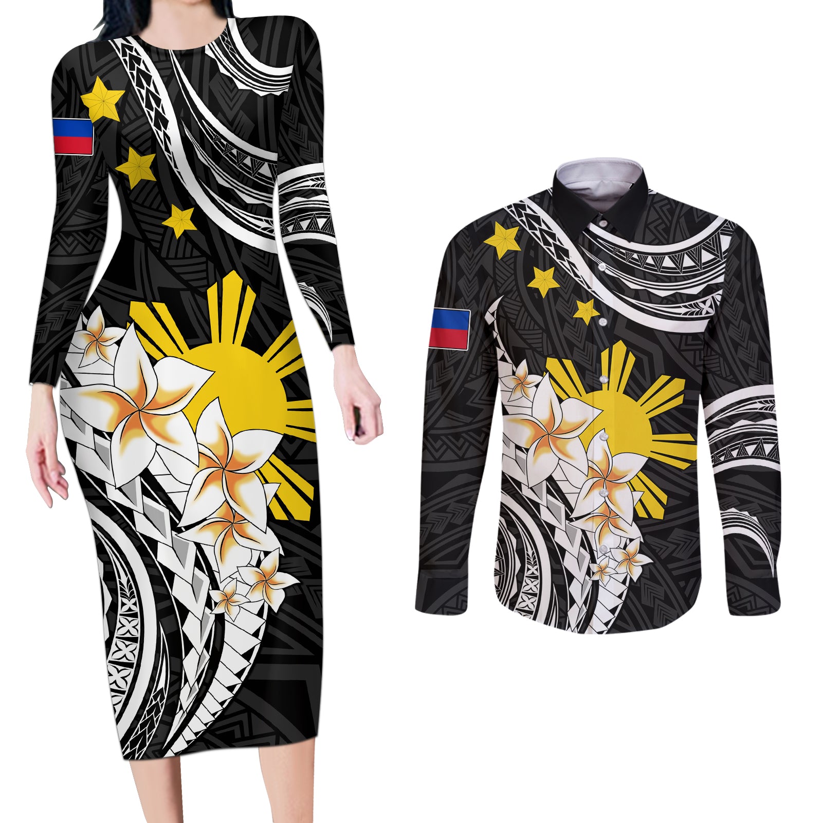 Personalised Philippines Tribal Couples Matching Long Sleeve Bodycon Dress and Long Sleeve Button Shirt Mix Plumeria LT7 Black - Polynesian Pride