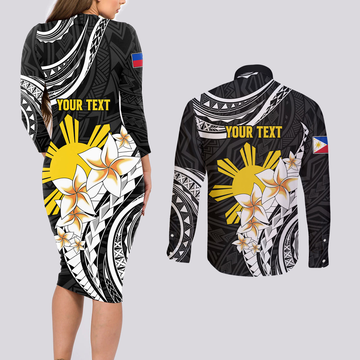 Personalised Philippines Tribal Couples Matching Long Sleeve Bodycon Dress and Long Sleeve Button Shirt Mix Plumeria LT7 - Polynesian Pride