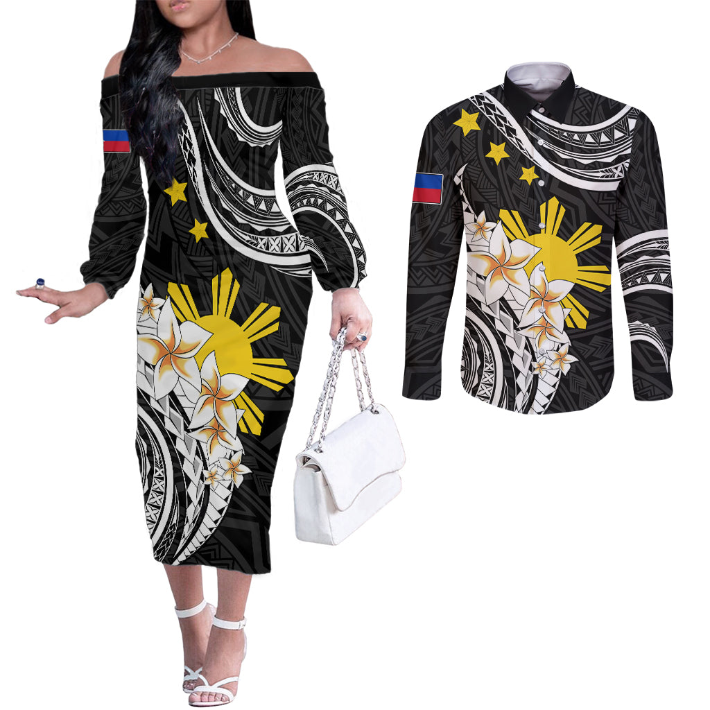 Personalised Philippines Tribal Couples Matching Off The Shoulder Long Sleeve Dress and Long Sleeve Button Shirt Mix Plumeria LT7 Black - Polynesian Pride