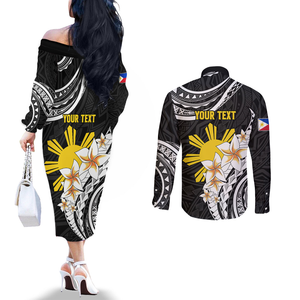 Personalised Philippines Tribal Couples Matching Off The Shoulder Long Sleeve Dress and Long Sleeve Button Shirt Mix Plumeria LT7 - Polynesian Pride