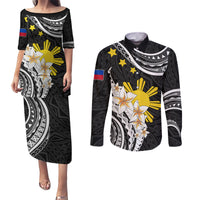 Personalised Philippines Tribal Couples Matching Puletasi Dress and Long Sleeve Button Shirt Mix Plumeria LT7 Black - Polynesian Pride