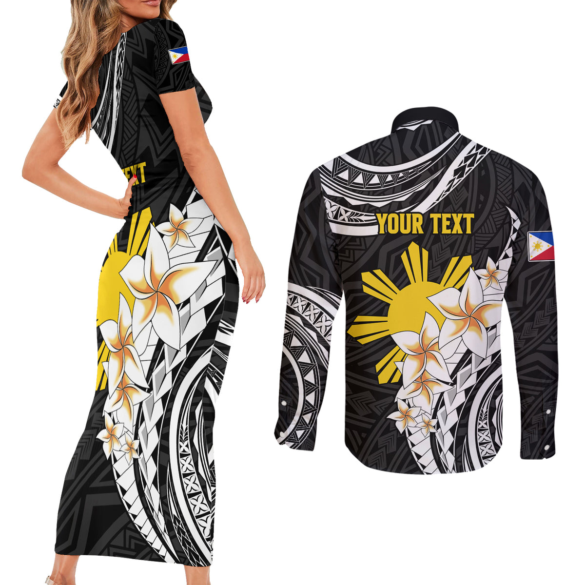 Personalised Philippines Tribal Couples Matching Short Sleeve Bodycon Dress and Long Sleeve Button Shirt Mix Plumeria LT7 - Polynesian Pride