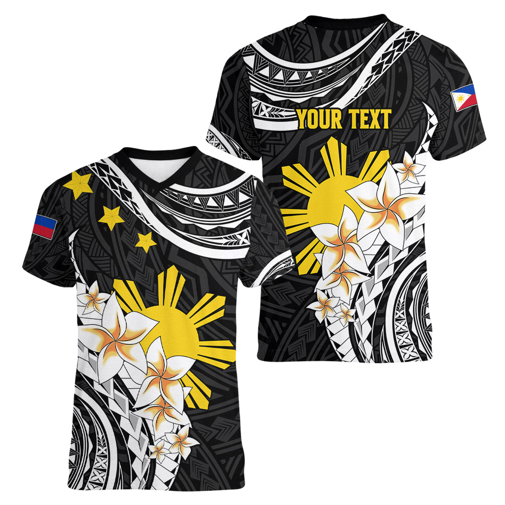 Personalised Philippines Tribal Women V Neck T Shirt Mix Plumeria LT7 - Polynesian Pride