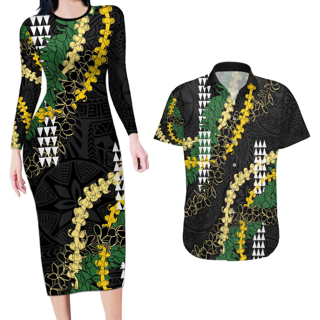 Hawaii Aloha Kakau Couples Matching Long Sleeve Bodycon Dress and Hawaiian Shirt Puakenikeni and Maile Lei Twist