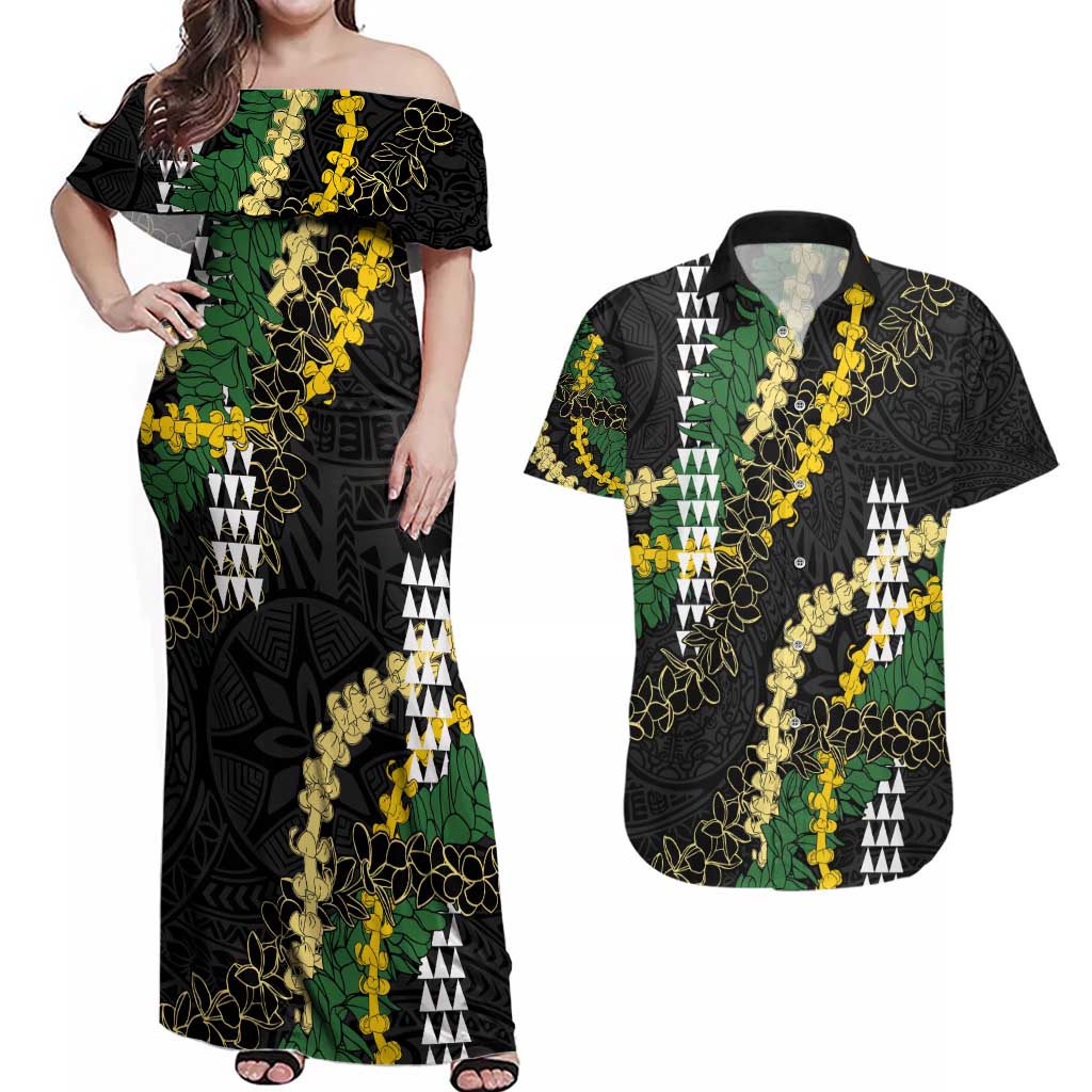 Hawaii Aloha Kakau Couples Matching Off Shoulder Maxi Dress and Hawaiian Shirt Puakenikeni and Maile Lei Twist