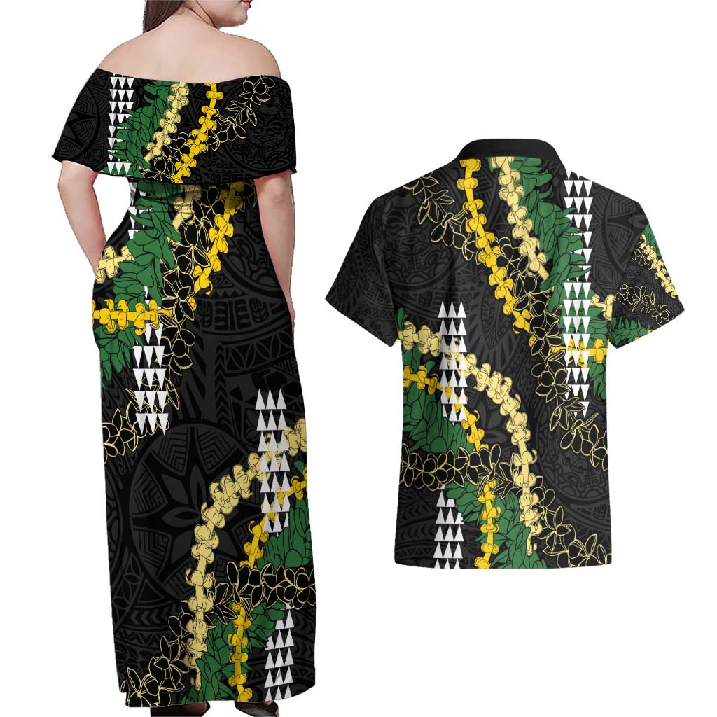 Hawaii Aloha Kakau Couples Matching Off Shoulder Maxi Dress and Hawaiian Shirt Puakenikeni and Maile Lei Twist