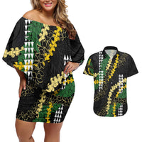 Hawaii Aloha Kakau Couples Matching Off Shoulder Short Dress and Hawaiian Shirt Puakenikeni and Maile Lei Twist