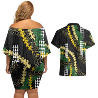 Hawaii Aloha Kakau Couples Matching Off Shoulder Short Dress and Hawaiian Shirt Puakenikeni and Maile Lei Twist