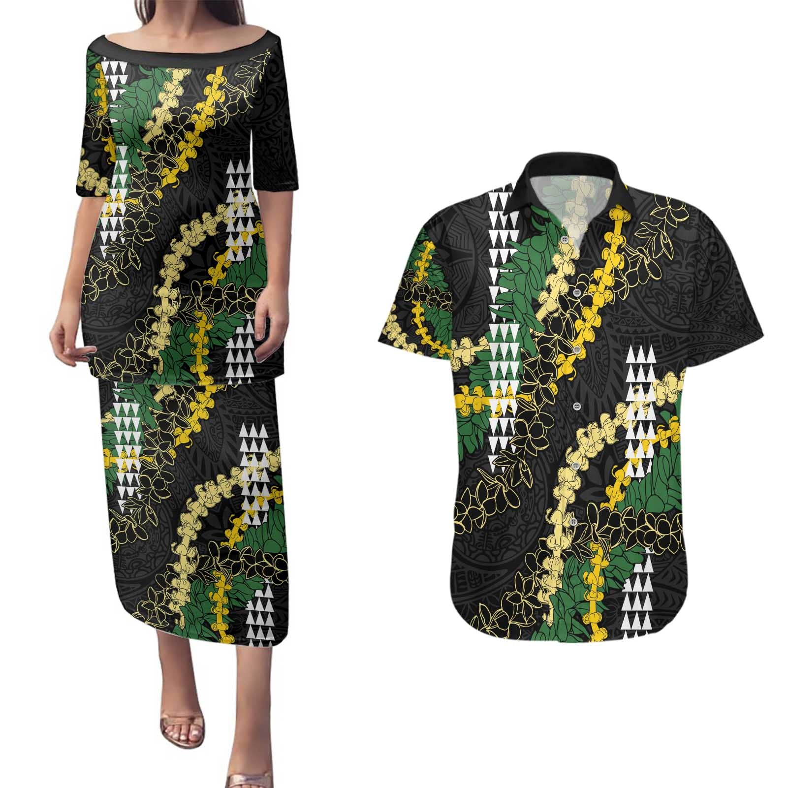 Hawaii Aloha Kakau Couples Matching Puletasi and Hawaiian Shirt Puakenikeni and Maile Lei Twist
