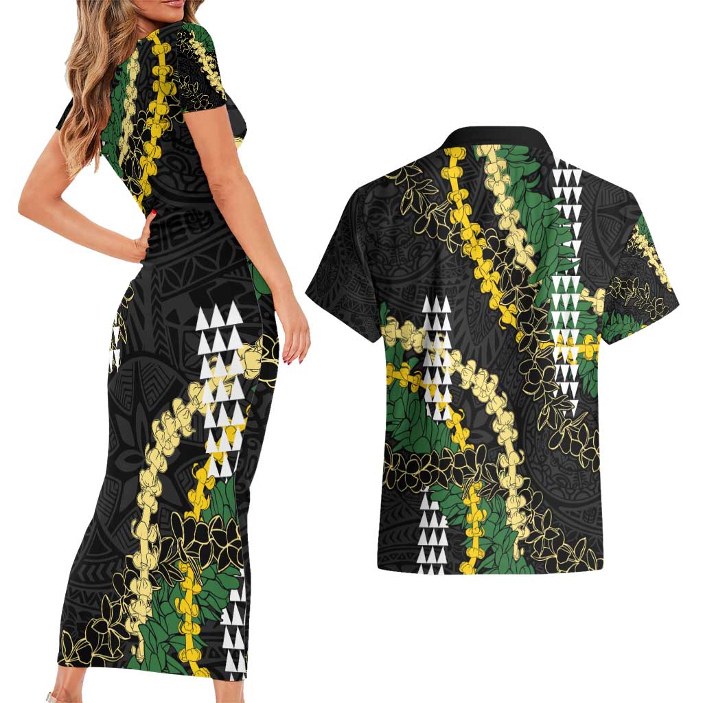 Hawaii Aloha Kakau Couples Matching Short Sleeve Bodycon Dress and Hawaiian Shirt Puakenikeni and Maile Lei Twist