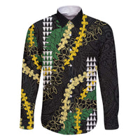 Hawaii Aloha Kakau Family Matching Off The Shoulder Long Sleeve Dress and Hawaiian Shirt Puakenikeni and Maile Lei Twist