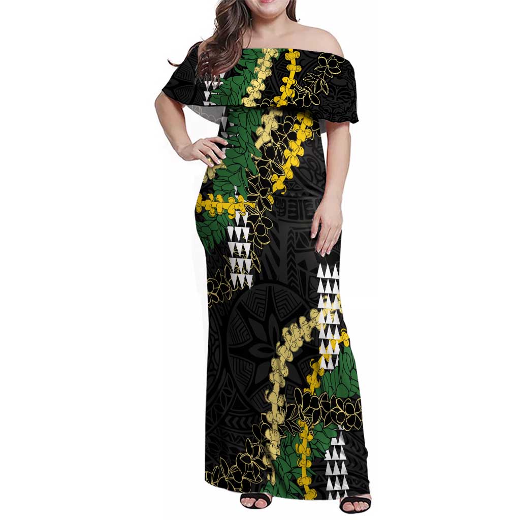 Hawaii Aloha Kakau Family Matching Off Shoulder Maxi Dress and Hawaiian Shirt Puakenikeni and Maile Lei Twist