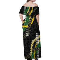Hawaii Aloha Kakau Family Matching Off Shoulder Maxi Dress and Hawaiian Shirt Puakenikeni and Maile Lei Twist