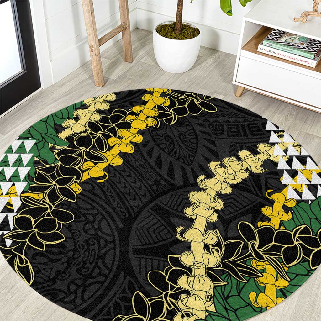 Hawaii Aloha Kakau Round Carpet Puakenikeni and Maile Lei Twist LT7 Black - Polynesian Pride