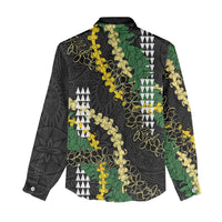 Hawaii Aloha Kakau Women Casual Shirt Puakenikeni and Maile Lei Twist