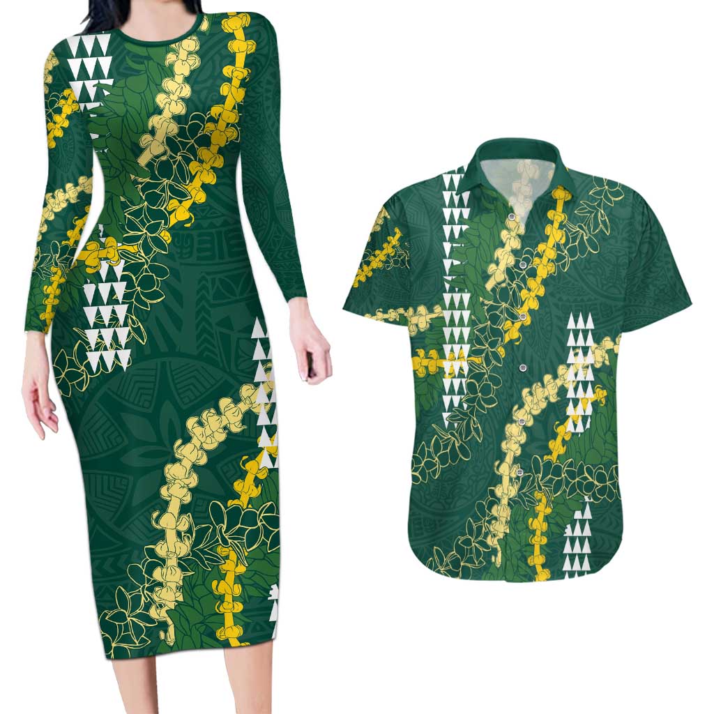 Hawaii Aloha Kakau Couples Matching Long Sleeve Bodycon Dress and Hawaiian Shirt Green Puakenikeni and Maile Lei Twist